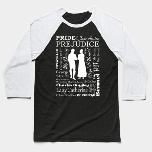 Pride and Prejudice Characters Typography Design - White Baseball T-Shirt